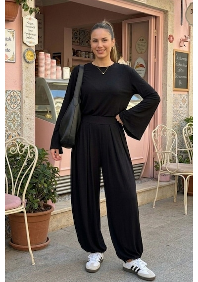 Madmext Siyah Likralı Modal Şalvar Takım Mg2784
