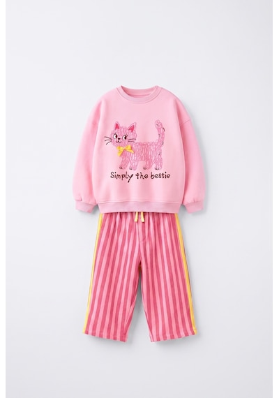 Magu Kız Çocuk Kedi Baskılı Pembe Sweatshirt Ve Çizgili Bol Paça Eşofman Takımı