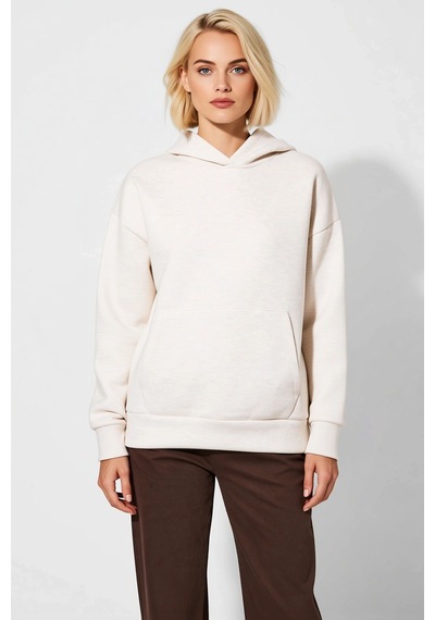 Benerly Kadın Kapüşonlu Düşük Kol Geniş Kalıp Örme Sweatshirt Fonksiyonel Bej