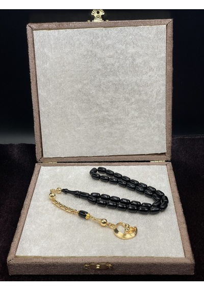 Gold Renkli Bozkurt Uçlu Siyah Sıkma Kehribar Tesbih 10x7 Mm