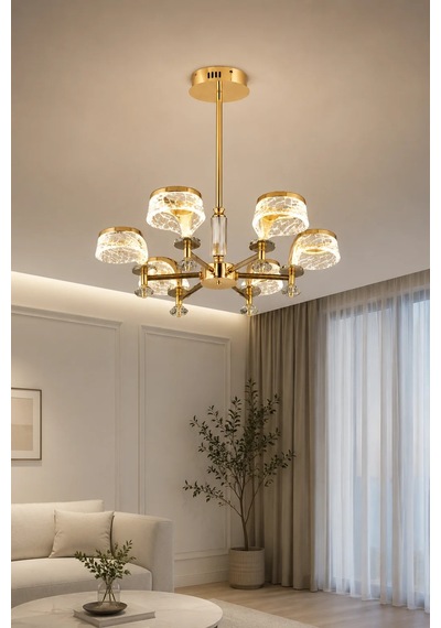 6'lı Modern Premium Gold 3 Renkli Ledli Sarkıt Avizesi Salon Mutfak Oturma Odası Şık Modelleri 28w