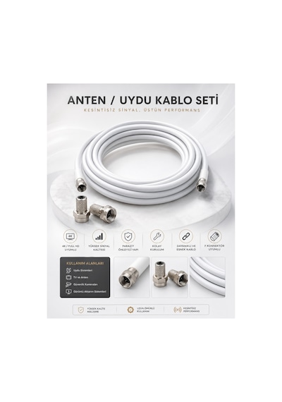 2 Metre 4k Full Hd Koaksiyel Tv Uydu Anten Kablosu Seti - Güçlü Sinyal Aktarımlı Dayanıklı Televizyon Kablosu - Lnb Alıcı Uyumlu Yüksek Kalite Beyaz