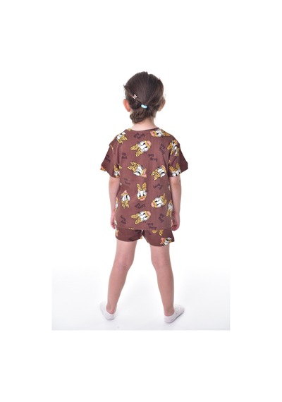 %100 Pamuk Interlok Kumaş Kısa Kollu Şortlu Kız Çocuk Pijama Takımı 3,4,5,6,7,8 Yaş Kahverengi