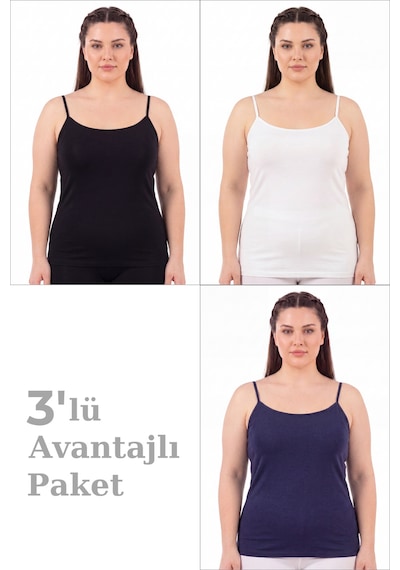 Arma Yıldız Kadın Büyük Beden İp Askılı Atlet Pamuklu Likralı Yumuşak Esnek Kumaş 3'lü Paket Siyah Beyaz Lacivert