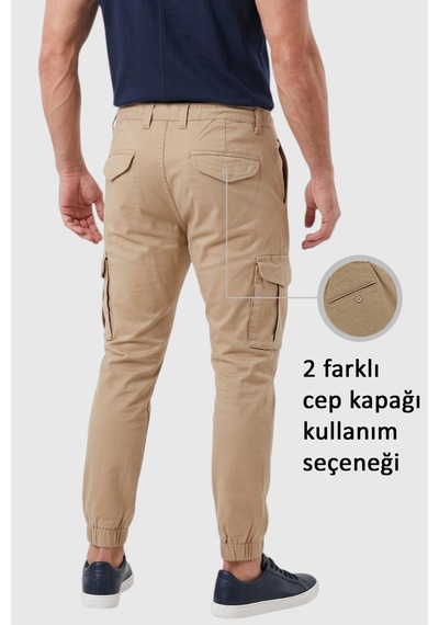 DeepSEA Bej Paça-Bel Lastikli Erkek Kargo Pantolon