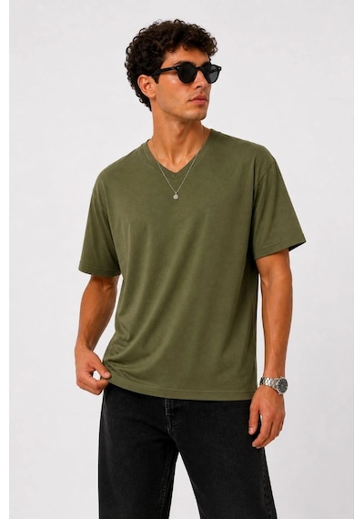 Erkek V Yaka Basic Tişört Kısa Kol Yazlık Regular Fit T-shirt - Haki Çok Renkli