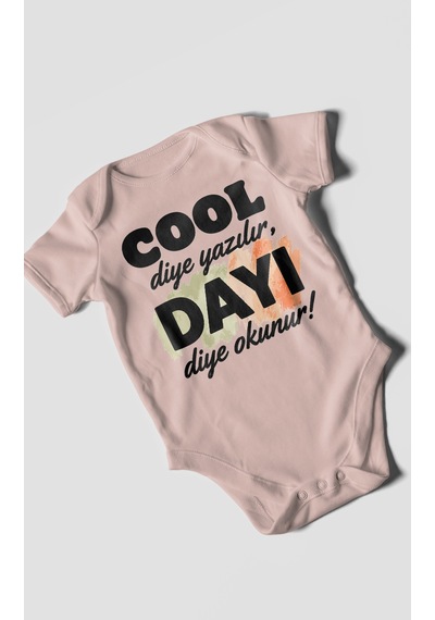 Morivokids Cool Diye Yazılır Dayı Diye Okunur Kısa Kollu Bebek Body %100 Pamuk Pastel Pembe