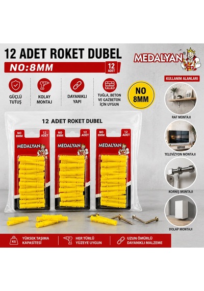 Medalyan Dl-86 Roket Dübel 8 Mm Sarı Plastik - 12 Adet- 12'li Paket Diğer