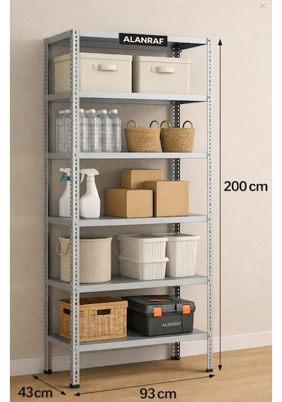 Alan Raf Alanraf 6 Katlı 43x93x200 Cm Galvaniz Çelik Raf - Depo, Arşiv, Kiler, Dosya, Market Rafı , Çelik Dolap Gri