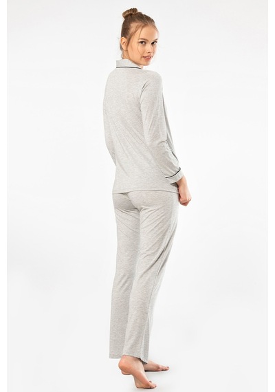 Türen 3365 Kadın Uzun Kollu Gömlek Yaka Pijama Takım-gri Gri