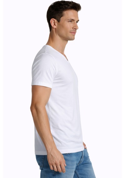 Çift Kaplan Erkek Elastanlı V Yaka T-shirt 0956 3'lü Beyaz