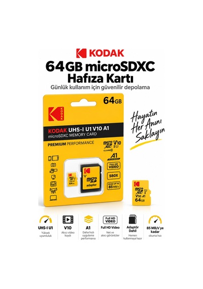 64gb Microsdxc Hafıza Kartı Uhs-ı U1 V10 A1 85 Mb/s Full Hd Sd Adaptörlü