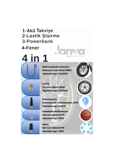 4 In 1 Çok Işlevli 150 Psı 7.4 V 8000 Mah Powerbank Özellikli Hava Oto Kompresörü