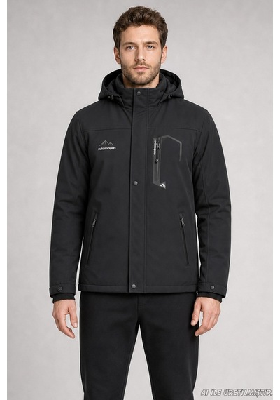 Freemen Erkek Kapüşonlu İçi Kürklü Su Ve Rüzgar Geçirmez Outdoor Softshell Mont-414 Siyah