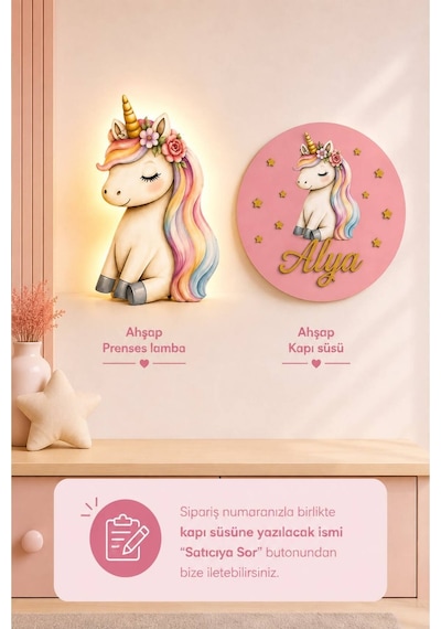 Ahşap Unicorn İsme Özel Pilli Ledli Gece Lambası Ve Unicorn Ahşap Kapı Süsü Seti Bebek Çocuk Odası Pembe