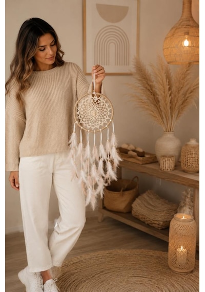 Led Işıklı Düş Kapanı Pudra Beyaz Tüylü Bohem Duvar Süsü 22 Cm El Yapımı Dream Catcher Deniz Kabuklu