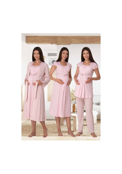 Effortt Dvina Lohusa Hamile Gecelik, Desenli Sabahlık Ve Pijama Takımı Seti - 4'lü Takım - Pembe Pembe