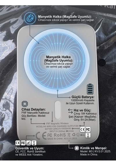 M3 10000mah Manyetik Kablosuz Powerbank - Lisinya Beyaz