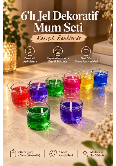 6 Lı Jel Dekoratif Mum Seti - Karışık Renklerde Çok Renkli