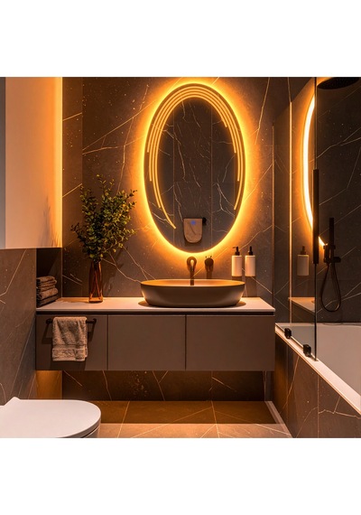 Elliptika Amber Led'li Lazer Kumlamalı Lavabo & Banyo Aynası Dokunmatik Sensörlü 70 X 45 Turuncu