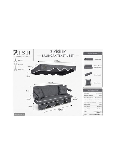 Zishtekstil Keten Kumaş Süngerli Gölgelikli 3 Kişilik Salıncak Minderi 8 Cm Gri
