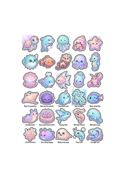 30 Adet Pastel Deniz Canlıları Sticker Seti - Laptop Defter Su Matarası İçin Çok Renkli