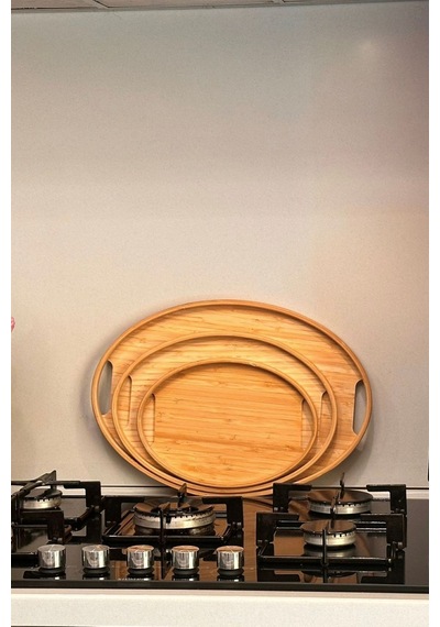 Makri Home Bambu Oval 3'lü Tepsi Seti. Küçük Tepsi: 20x29 Cm. Orta Tepsi: 26x36 Cm. Büyük Tepsi: 31x45 Cm Ahşap