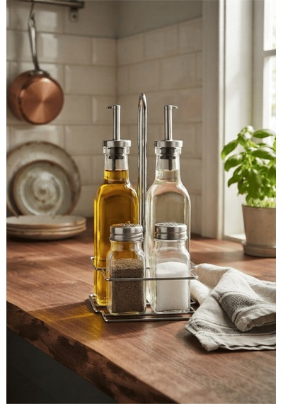 Standlı Cam Yağlık Sirkelik Tuzluk Karabiberlik Seti-200 Ml