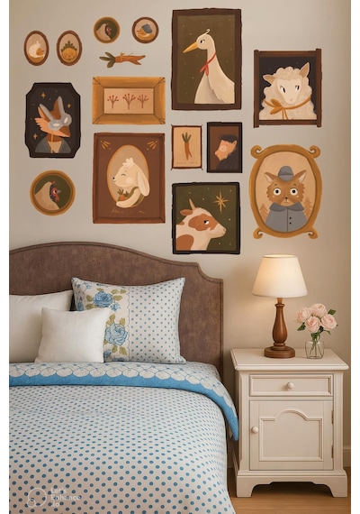 Vintage Pastoral Çerçeve Duvar Sticker Seti 8 Li Pastel Bahar Temalı Dekoratif Stickerlar Dijital Baskı