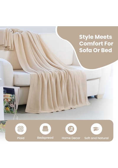 %100 Organik Pamuk Örgü Battaniye Gots Sertifikalı, Hafif, Nefes Alabilir Ve Rahat Yapısıyla Kanepe, Yatak Ve Ev Dekorunda Boho Vintage Tarzı Naturel, 130x150 Cm Diğer