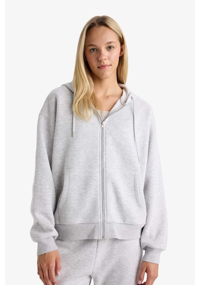 DeFacto -  Relax Fit Kapüşonlu Basıc Kalın Fermuarlı Sweatshirt C1809AX26SP Gri