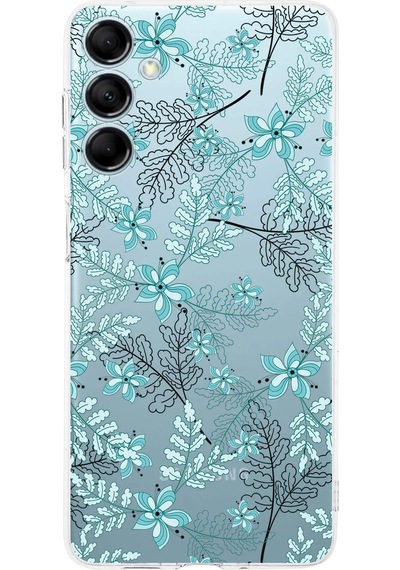 Samsung M14 Uyumlu Kamera Korumalı Floral Su Yeşili Tasarımlı Şeffaf Silikon Kılıf