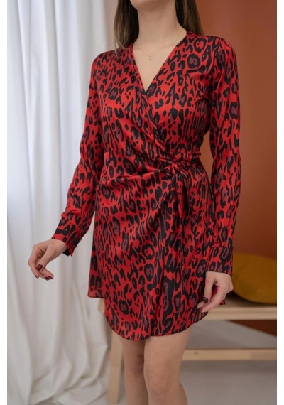 Valensdesign Kırmızı Leopar Desenli Saten Elbise