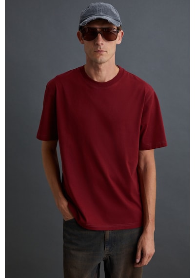 Grimelange Solo Erkek %100 Organik Pamuklu Kalın Dokulu Comfort Fit Bisiklet Yakalı Bordo T-shirt
