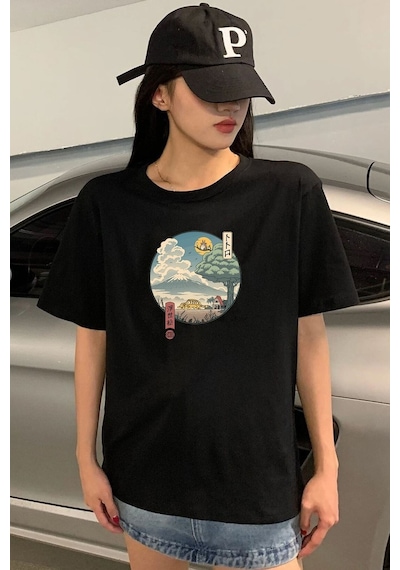 Unisex Neighbor's Ukiyo E Baskılı T-shirt Siyah