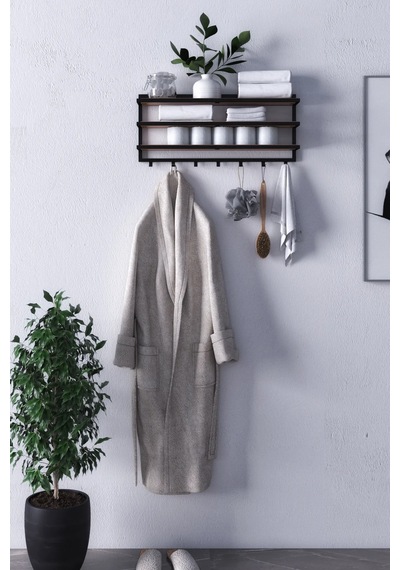 Sofya 2 Katlı Ceviz Raflı Askılık, Portmanto 53 Cm - 5 Askı Siyah