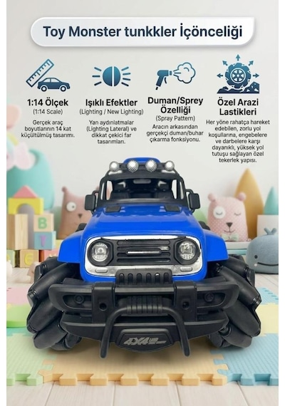 Işıklı Ve Sesli Canavar Araba 1:14 Ölçekli Spreyli Uzaktan Kumandalı Oyuncak Araba - 4x4 Mavi