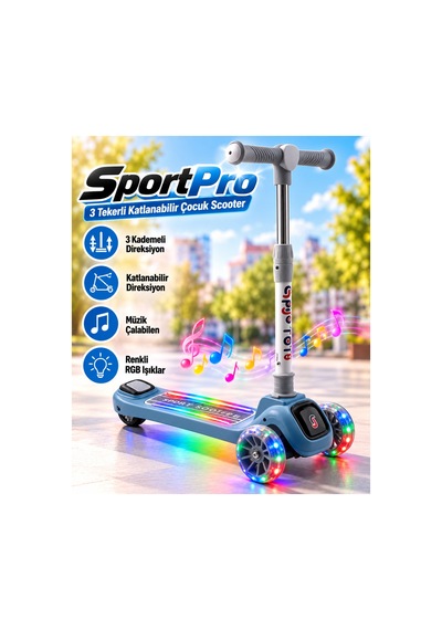 Maxpro Scooter Müzikli Işıklı 3tekerli Katlanabilir 3+yaş 3kademe Direksiyon Ayarı Mavi