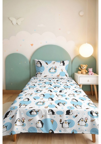 Evimde Bambaşka Penguen Mavi Çocuk Odası Tek Kişilik Pike Takımı-sevimli Modern Siyah 160x220 CM Kapitone Yazlık Örtü