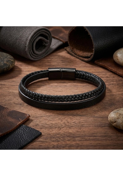 Moncuk Design Siyah Deri Ve Saç Örgü İkili Çelik Erkek Bileklik 33513b12d1