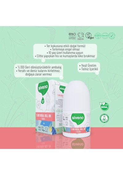 Siveno %100 Doğal Roll On Teen Girl Genç Kız Deodorant Ter Kokusu Önleyici Bitkisel Leke Bırakmayan Vegan 50 ML