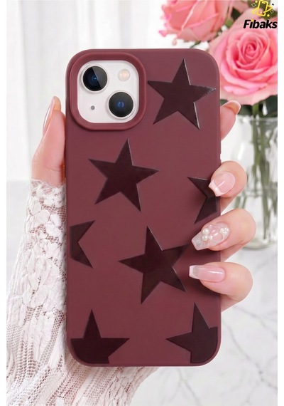 Fibaks iPhone 13/14/15 Uyumlu Kılıf Bordo Yıldız Star Desenli Silikon Darbe Emici Klasik Silikon Kapak