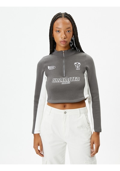 Koton Yarım Fermuarlı Crop Sweatshirt Dik Yaka Renk Bloklu Baskılı Dar Kalıp Gri 4wal10625ık Gri Koton Yarım Fermuarlı Crop Sweatshirt Dik Yaka Renk Bloklu Baskılı Dar Kalıp Gri 4wal10625ık Gri