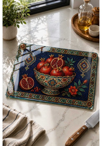 Gökçeoğlu Cam Kesme Tahtası Otantik Nar Motifi Temalı - Cam Kesme Tablası 30cm X 40cm Çok Renkli