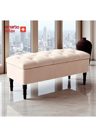 Smarto Relax Puf Saanen Sandıklı Ayaklı Kapitoneli Dekoratif 110x40x45 Cm Bej Bej