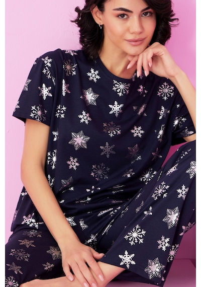 Siyah İnci Örme Pijama Takım7845 Lacivert Kar Tanesi