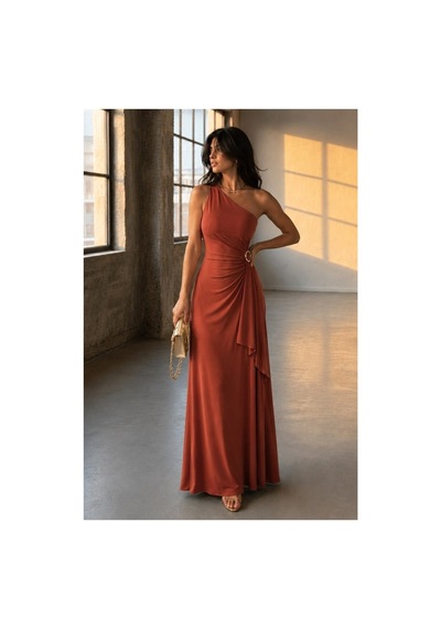 Lior Design Kadın Sade Tek Omuz Kemerli Maxi Abiye Elbise Kahverengi