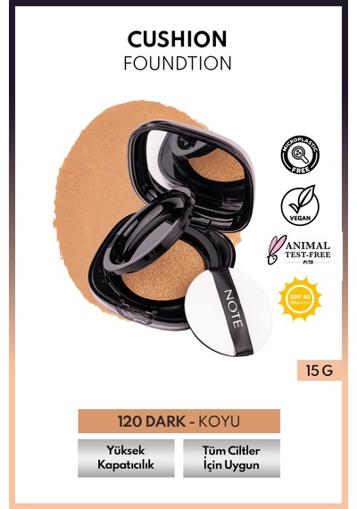 Note Cushion Foundation Spf 50 Pa++++ Yoğun Kapatıcı, Doğal Saten Bitişli Fondöten 120 Dark Koyu
