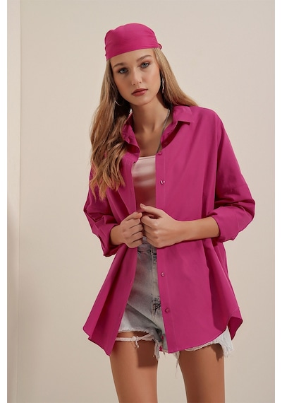 Bigdart 3900 Oversize Uzun Basic Gömlek - Koyu Pembe 001