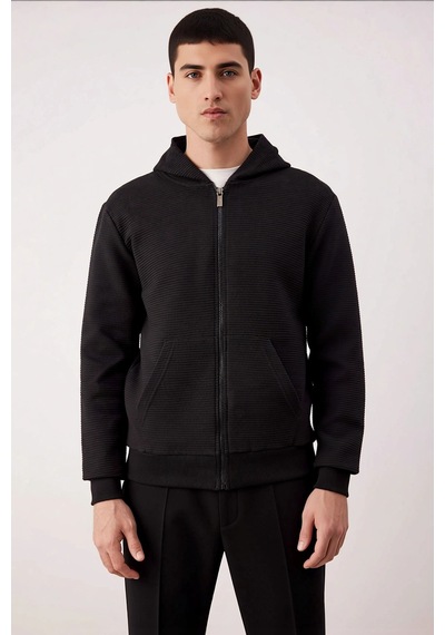 Benerly Erkek Bisiklet Yaka Standart Kol Fermuarlı Dokulu Sweatshirt Fonk siyah